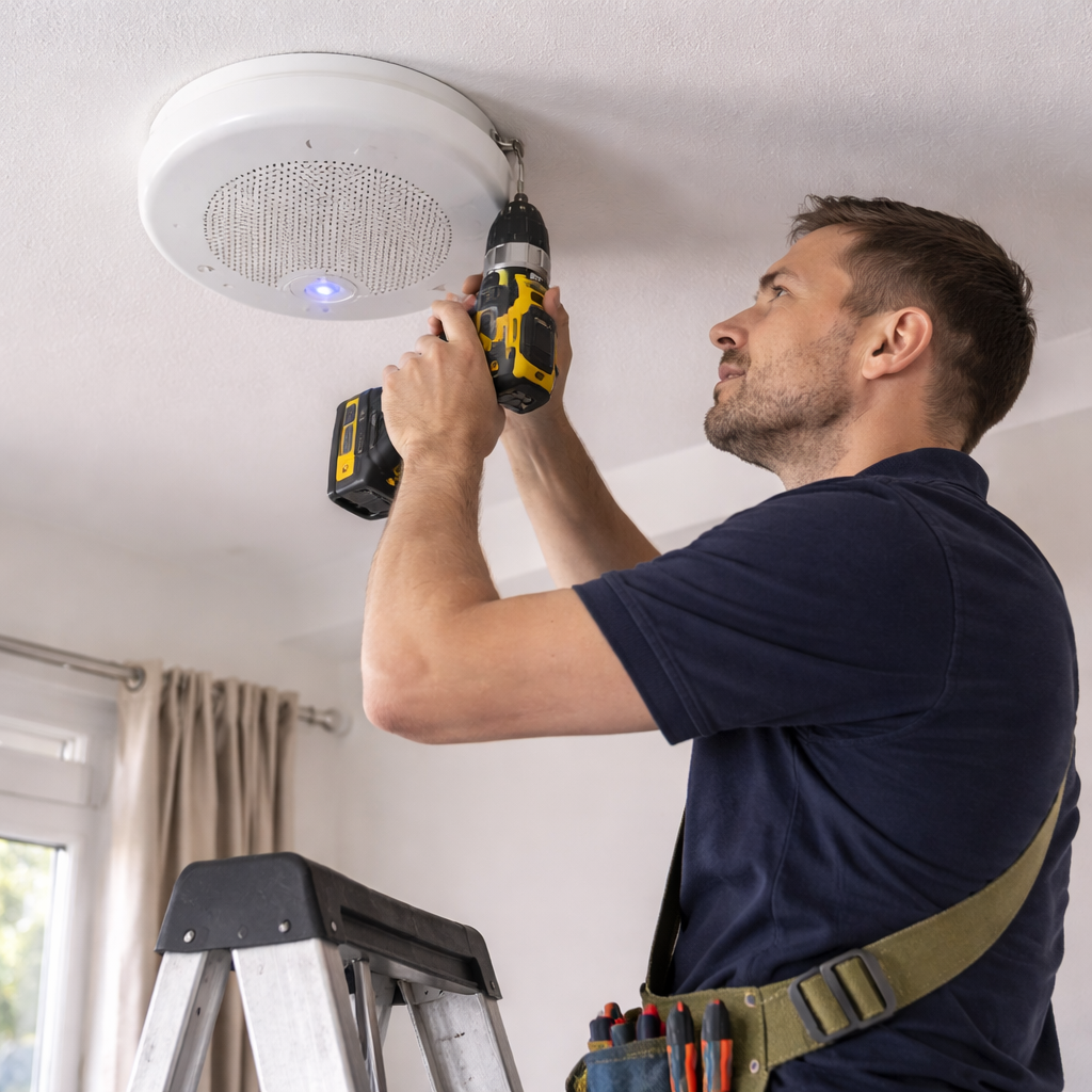 Technician installing ventilation system in home to reduce condensation