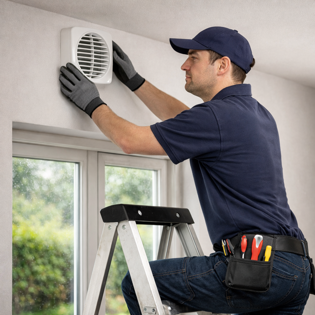 Technician on a step ladder installing a wall-mounted ventilation unit in a home to reduce condensation and improve airflow