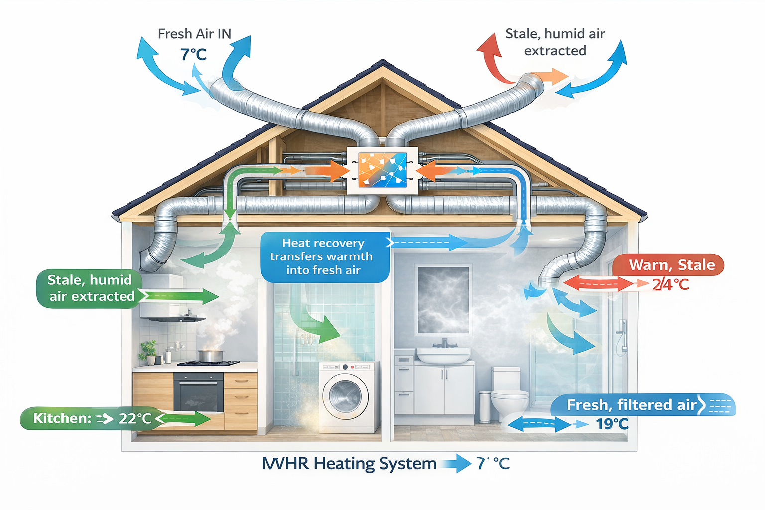 Mechanical Ventilation with Heat Recovery (MVHR) system diagram showing how stale air is extracted and heat is transferred to fresh incoming air in a home.