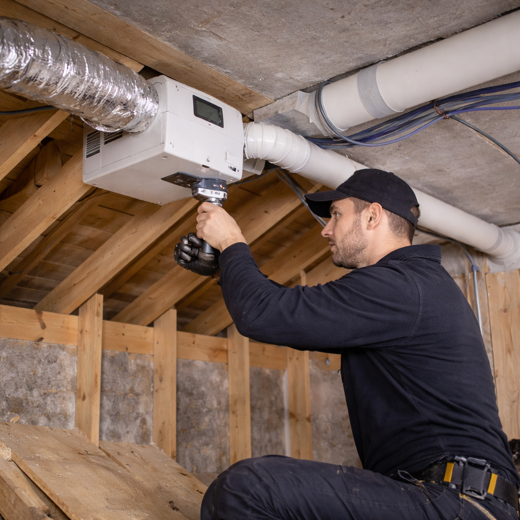 Technician installing a Mechanical Extract Ventilation (MEV) system in a loft with ducting and ventilation unit fitted to control moisture and reduce condensation.